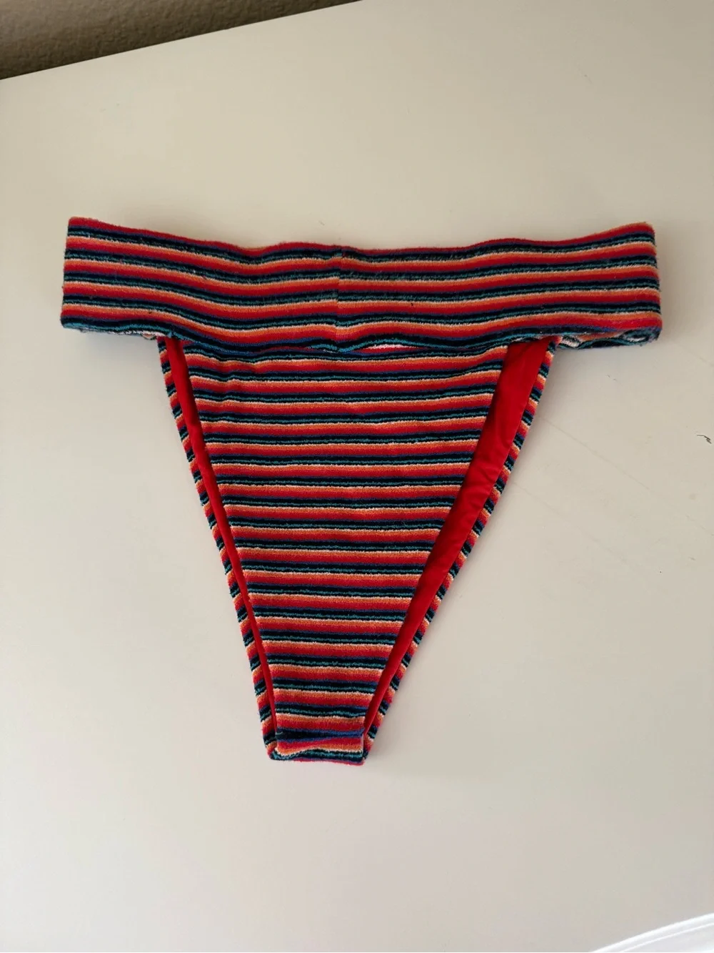 Frankie's Bikinis Red, Navy & Green Striped Bikini Bottom